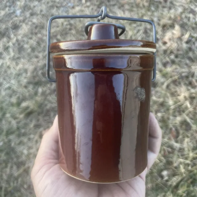 Brown Primitive Vintage Cheese Jar Crock Locking Lid Wisconsin Milk ❤️blt11h3s