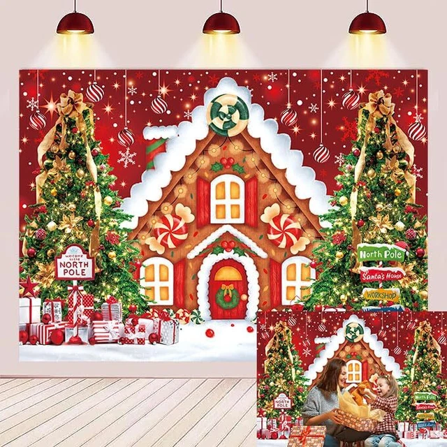 10x8ft Xmas Gingerbread Candy House Backdrop Gift Stacked Christmas Tree
