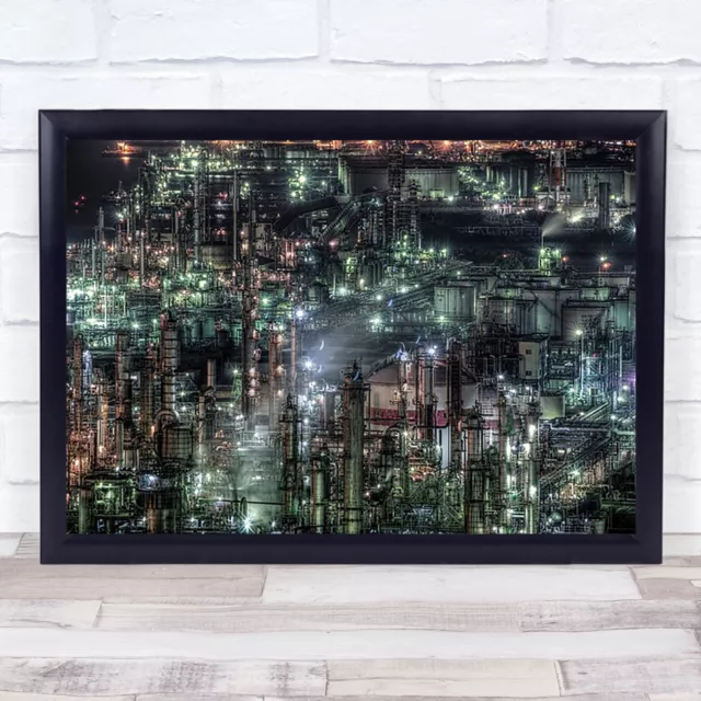 Industrial Factory Chimney Smoke Pollution Night Metal Steel Wall Art Print