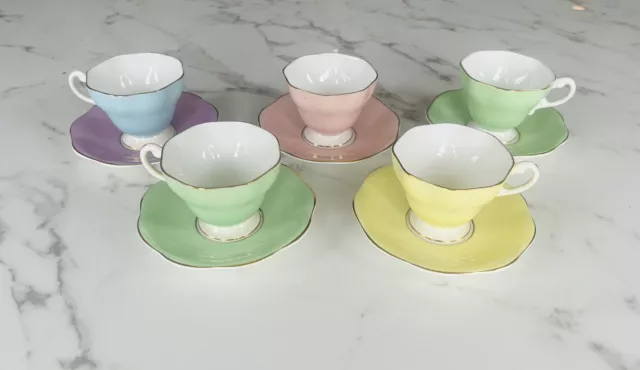 5 Vintage Foley china cups & Saucers tea cups - pastel colors - pretty england