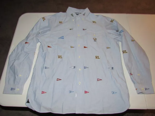 Ralph Lauren Men's Bulldog Pennant All Over Print Blue Button Up Shirt Size XL