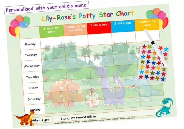 Potty Toilet Training Reward Chart - Kids Boys Girls Sticker Star - DINOSAUR GRN