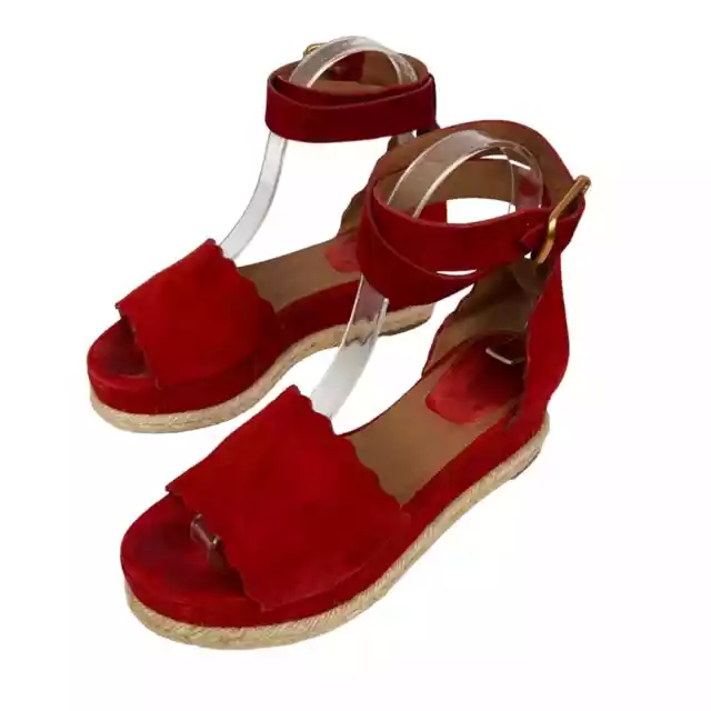 Chloe Lauren Scallop-edged Red Suede Platform Espadrilles Ankle Strap Sandals 6 3