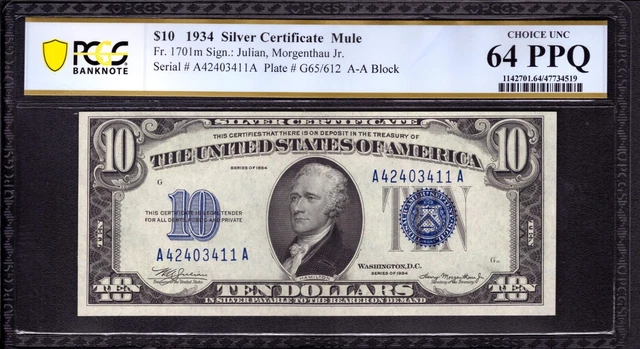 1934  $10 SILVER CERTIFICATE NOTE FR.1701m MULE AA BLOCK PCGS CHOICE UNC 64 PPQ