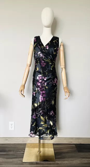 Y2K 90s VTG Alex Evenings Sz 6 Silk Blend Midi Dress Beaded Burnout Floral Fairy