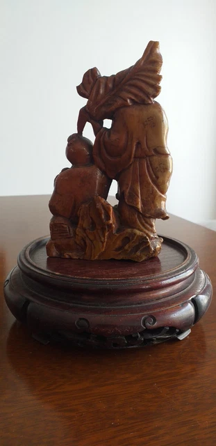 Antique  chinese stone  old man Boy statue 2