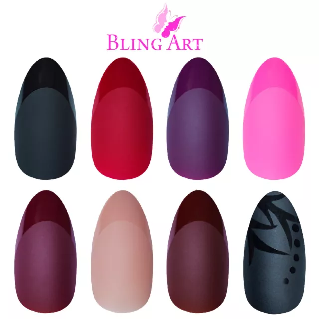 Bling Art Almond False Nails Matte Black Red Pink Brown 24 Fake Medium Tips Glue