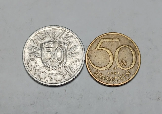 Lot of 2x Coins of Austria - 1947 and 1964 50 Groschen - Two Different Types!