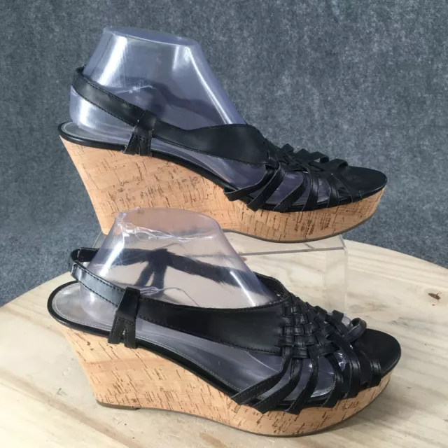 Guess Sandals Womens 11 M Keyara Peep Toe Wedge Slingback Black Faux Leather