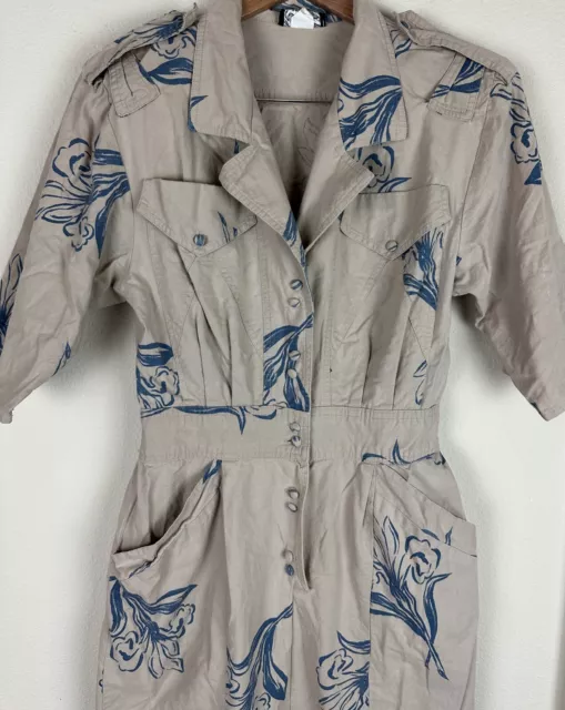 *FLAWS* VTG 80s 90s Beige Shirt Dress S Cornflower Blue Floral Print Secretary