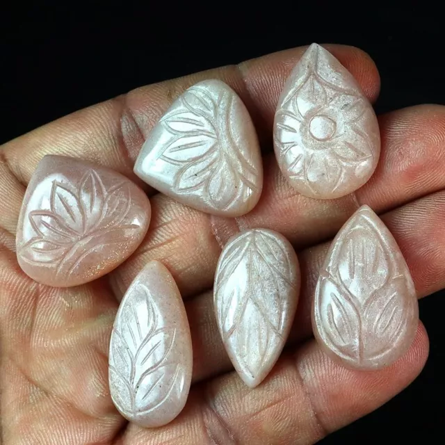 151 Ct/6 Pcs Natural Peach Moonstone Hand Carved Pear Cab Gemstone Wholesale Lot