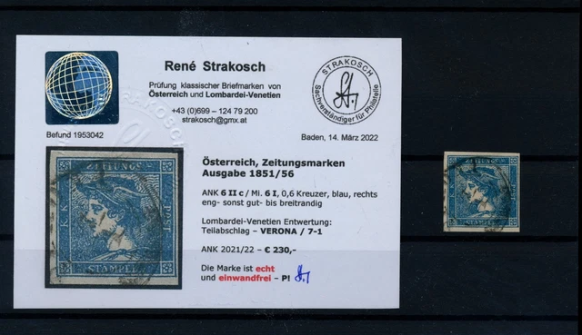 LOMBARDEI-VENETIEN 1851 Zeitungsmarken, blau, Kw:230, - VERONA. STRAKOSCH Befund