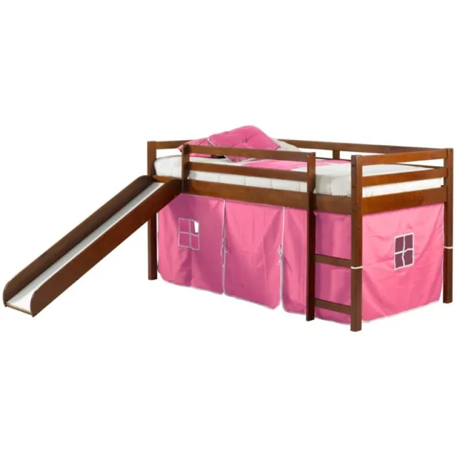 Donco Kids Twin Solid Wood Mission Low Loft Bed with Pink Tent in Espresso