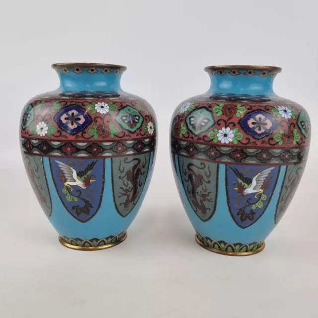 Vintage Pair Japanese Cloisonne Vases Decorated Birds Dragons Butterflies 15.5cm Vintage Pair Japanese Cloisonne Vases Decorated Birds Dragons Butterflies 15.5cm