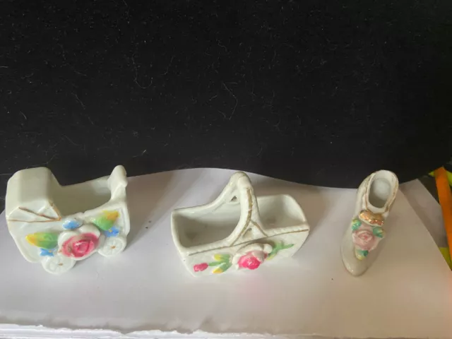 Vintage miniature shoe, Basket, Carriage bone china porcelain lot of 3 japan