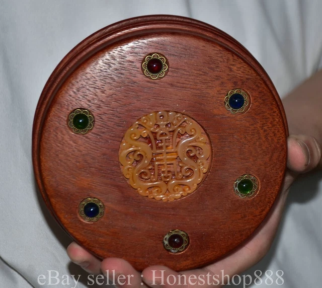 5.6" Old Chinese Huanghuali Wood Dynasty Dragon Round Box Statue