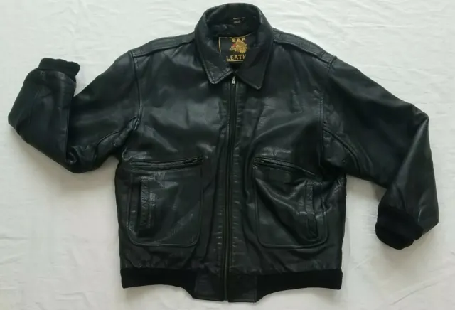 Men's S.A.K. Jacket Leather Black Bomber Jacket Lined Zipper Pockets Large