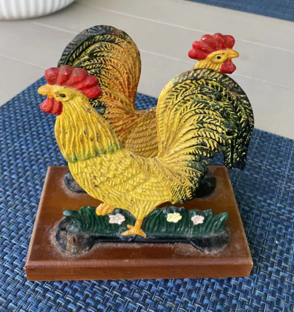 Vintage Cast Iron 2 Roosters Napkin/Letter Holder on a Wooden Base