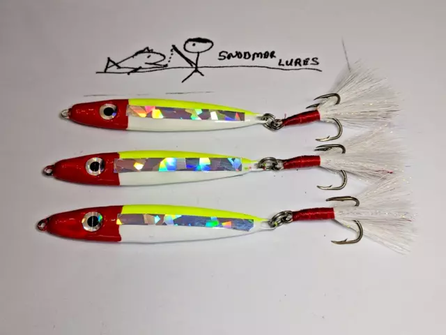 3 - 1.5 oz Minnow FISHING LURES Jig SLAB SPOON White, Red, Chart