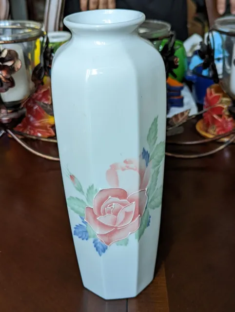 Vintage Otagiri Vase "Pink Rose" JAPAN Porcelain 6” Green Leaves Great Condition