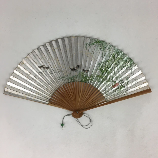 Japanese Folding Fan Vtg Sensu Bamboo Frame Silver Paper Birds 4D616