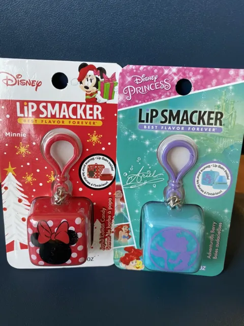 2 Disney Princess Ariel & Minnie Lip Smacker Cube Lip Balm Keychain Clip