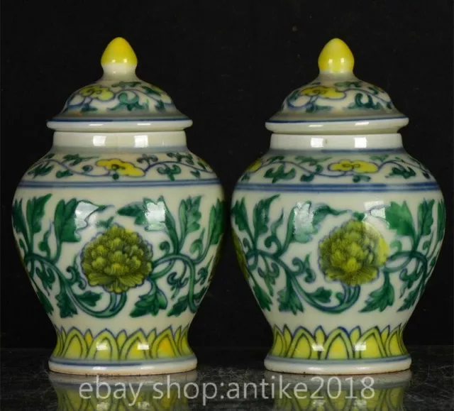 5.6" Old Chinese Chenghua Dynasty Doucai Porcelain Flower General Lid Jar Pair