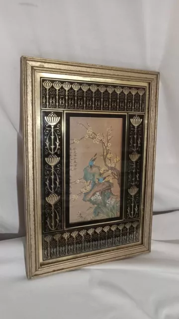 Vintage Asian Bamboo Blue Bird Framed Artwork Black and Gold