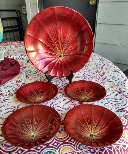 Vintage Red Lacquered Sunburst Plastic Bowl Set of 5