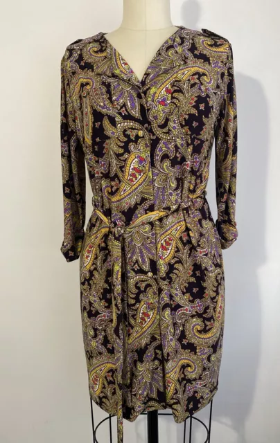 Jones New York Petite Womens Purple Yellow Paisley Shirt Dress Sz PM