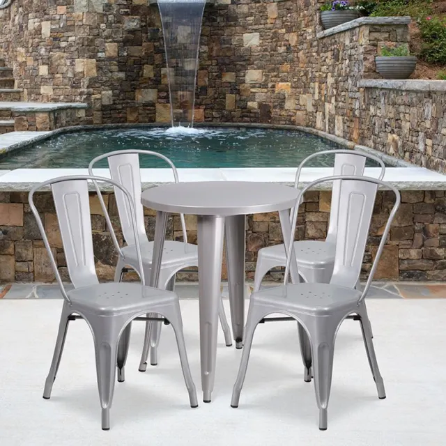Commercial Grade 24" Round Silver Metal Indoor/Outdoor Table Set w/4 Cafe Chairs