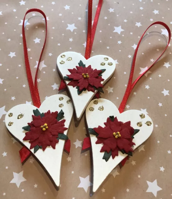 3 X Poinsettia Christmas Tree Decorations Shabby Chic Real Wood Red Gold