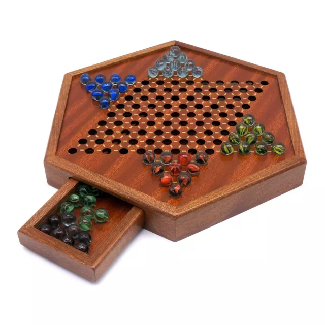 Classic Chinese Checkers Chess Set With Drawers & Glass Marbles Board Game Wood