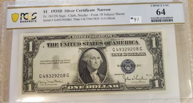 #222 - 1935D 1$ Silver Certificate Narrow Fr.1613 N PCGS 64