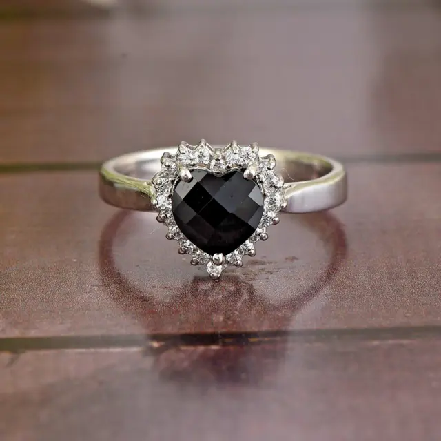 Bague coeur en diamant spinelle noir naturel 1,40 ct en argent sterling...