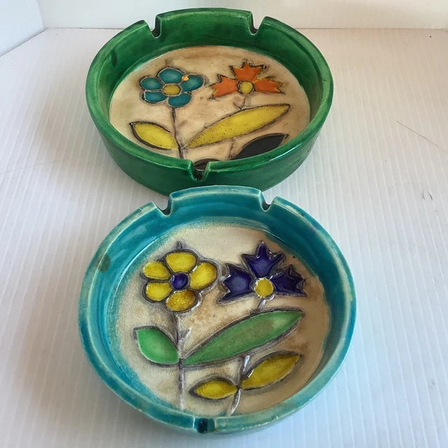 VTG Italian Pottery Ashtray Art Studio Mid Century Flowers Colorful Collectible