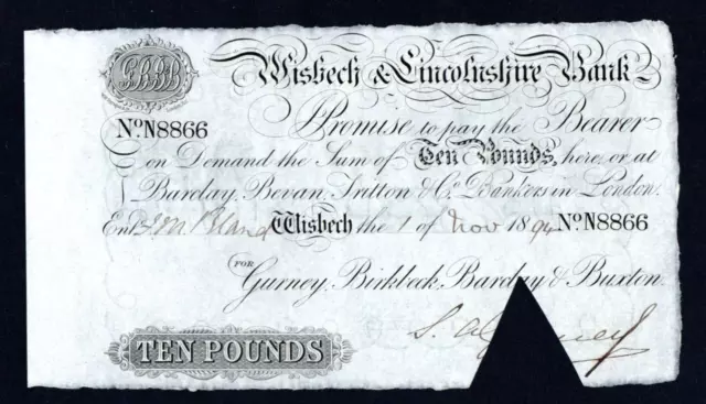 Provincial,  1894 Wisbech & Lincolnshire Bank £10 Pounds Banknote,  Out 2382aa