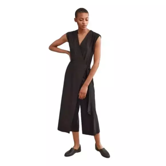 EILEEN FISHER Black Crepe Wrap-Tie Crop Wide Leg Jumpsuit Size PM Petite M Work