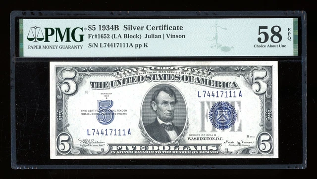 DBR 1934-B $5 Silver Fr. 1652 Vinson LA Block PMG 58 EPQ Serial L74417111A