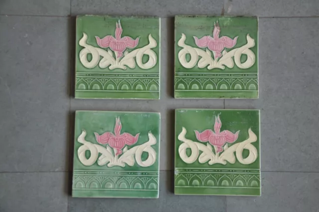 4 Pc Vintage Majolica Leaves & Flower Art Nouveau Architecture Tiles,Japan 2