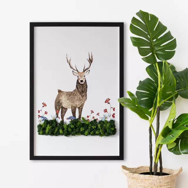 Decorazione da Parete Arte Muschio Cornice MDF nero 40x60 cm Cervo tra i fiori