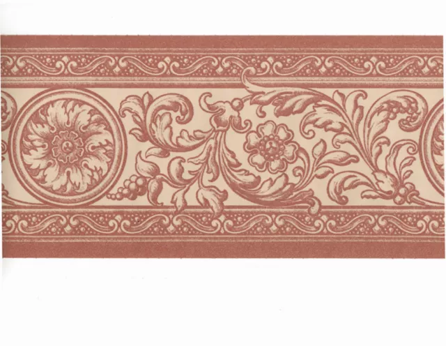 French Damask Burgundy Red Cream Toile Acanthus Leaf Medallion Wall paper Border