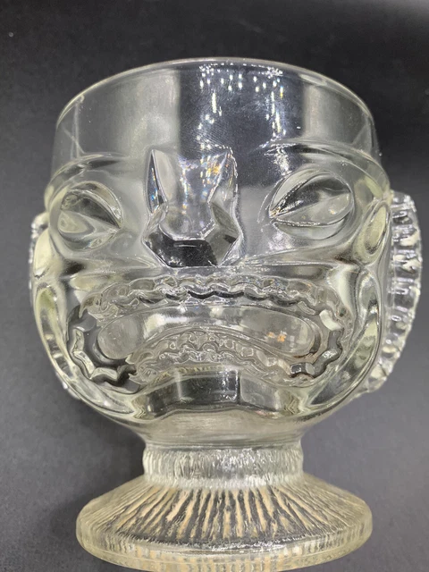 Vtg Tiki Bar Pressed Glass Pedestal Happy Sad Face Hawaiian Footed Mug Cup Bowl