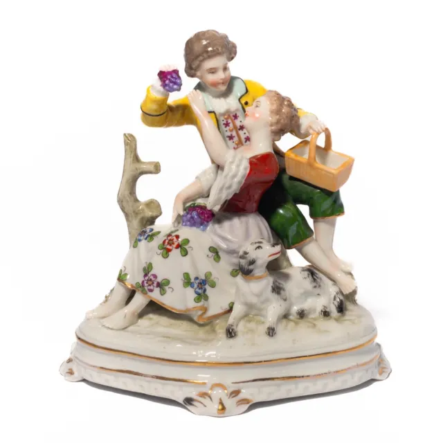 Antique German Porcelain Couple & Dog Figurine, Meissen or Dresden Style, Signed