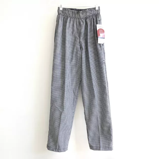 Chef Works Pants sz XS Black Wht Checks Cotton Blend Elastic Waist Ties Pocket