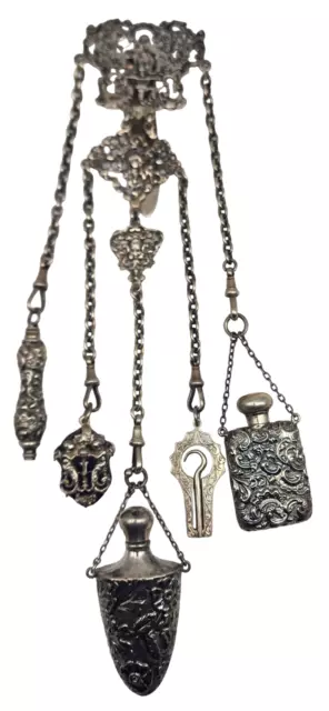 129.7g~ VICTORIAN 1891 English Sterling Silver Chatelaine & 5 Accessories LONDON