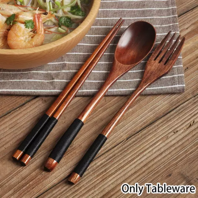 Japanese Vintage Wooden Chopsticks Spoon Fork Tableware 3pcs Gift Set Home D9V2