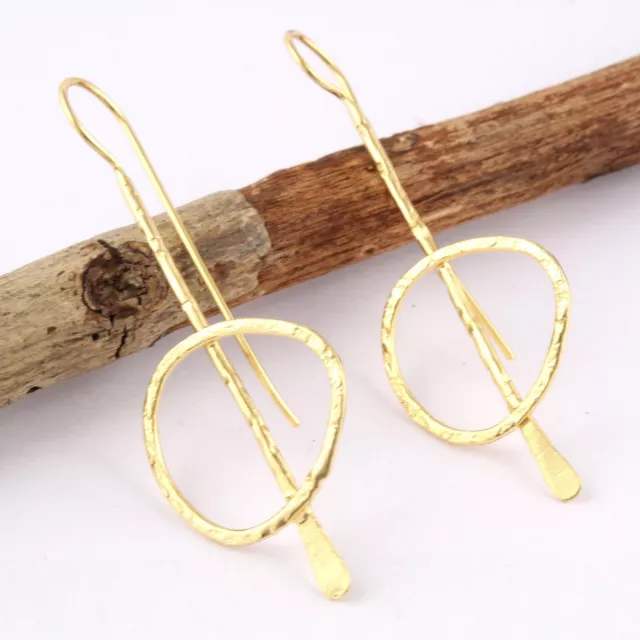 Handmade Royal Brushed Finish Yellow Gold Plated Drop Dangle Earrings