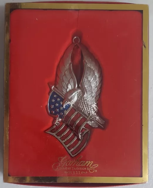 Gorham Eagle Of Liberty Silver Plated Patriotic Ornament w/Red Ribbon, Lenox