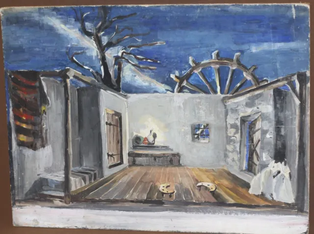 Vintage gouache painting Theater stage old house interior design